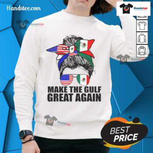 Funny Welcome to America's Gulf Mexico sweatshirt featuring a girl in a messy bun, perfect for casual beach vibes.