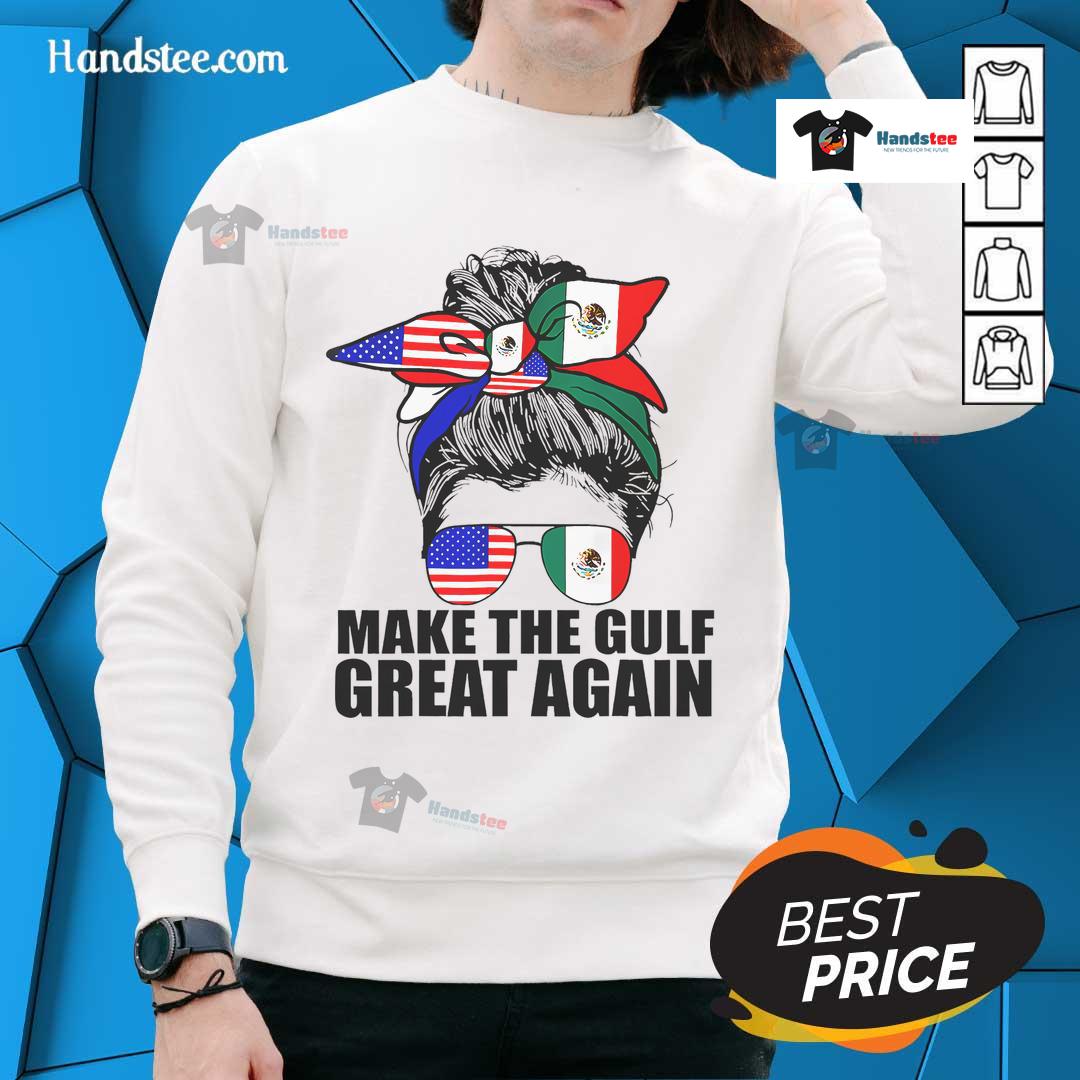 Funny Welcome to America's Gulf Mexico sweatshirt featuring a girl in a messy bun, perfect for casual beach vibes.