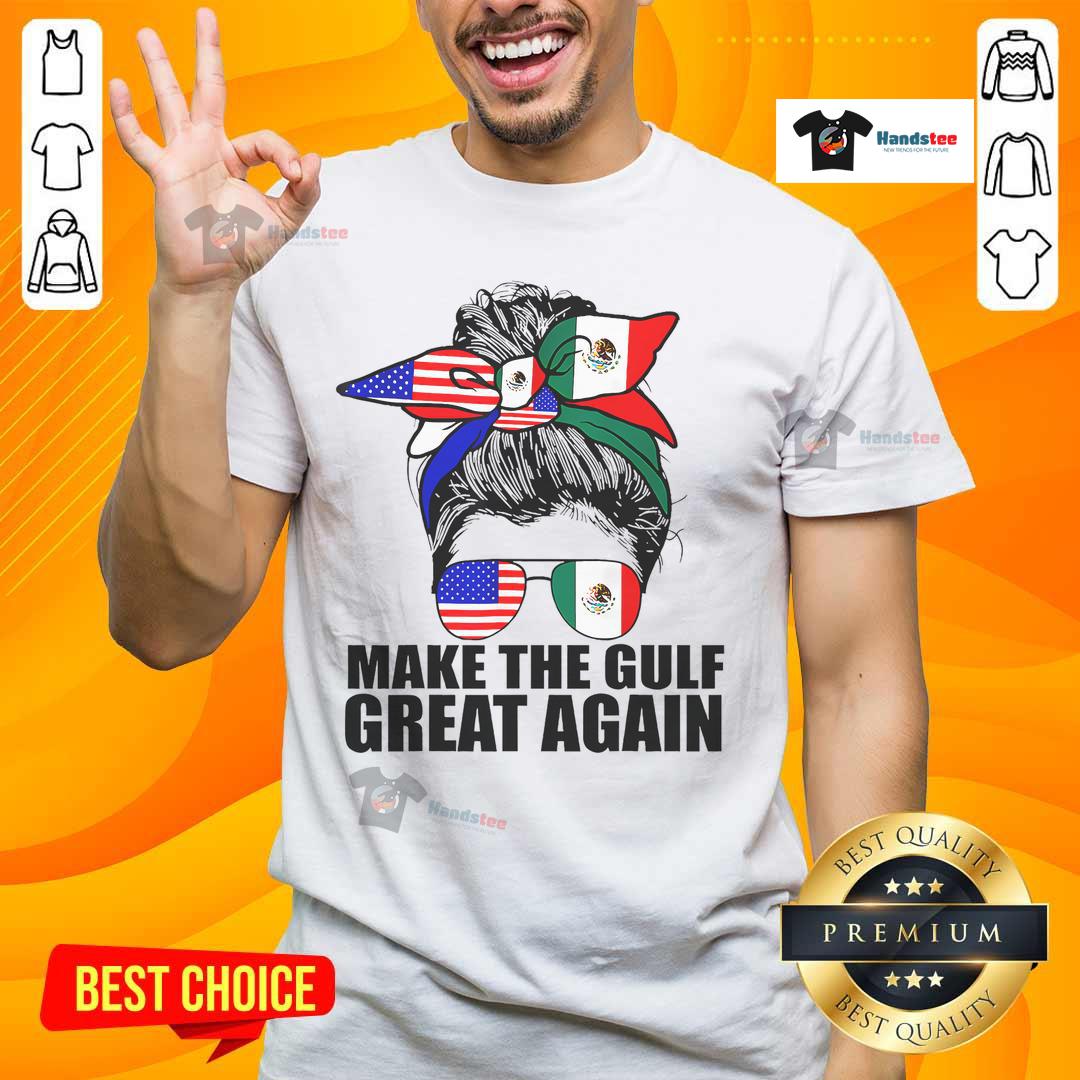 Alt Text: Funny 'Welcome To America's Gulf Mexico' Trump Girl T-Shirt design featuring a woman with a messy bun style.