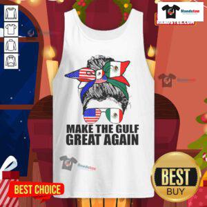 Funny girl in a tank top with messy bun, welcoming to America's Gulf Mexico, featuring a Trump-themed design.