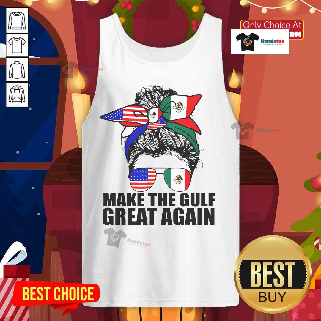 Funny girl in a tank top with messy bun, welcoming to America's Gulf Mexico, featuring a Trump-themed design.