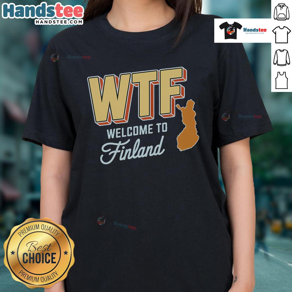 Funny 'Welcome to Finland' Scandinavia map ladies tee showcasing humorous graphics and vibrant colors, perfect for casual wear.
