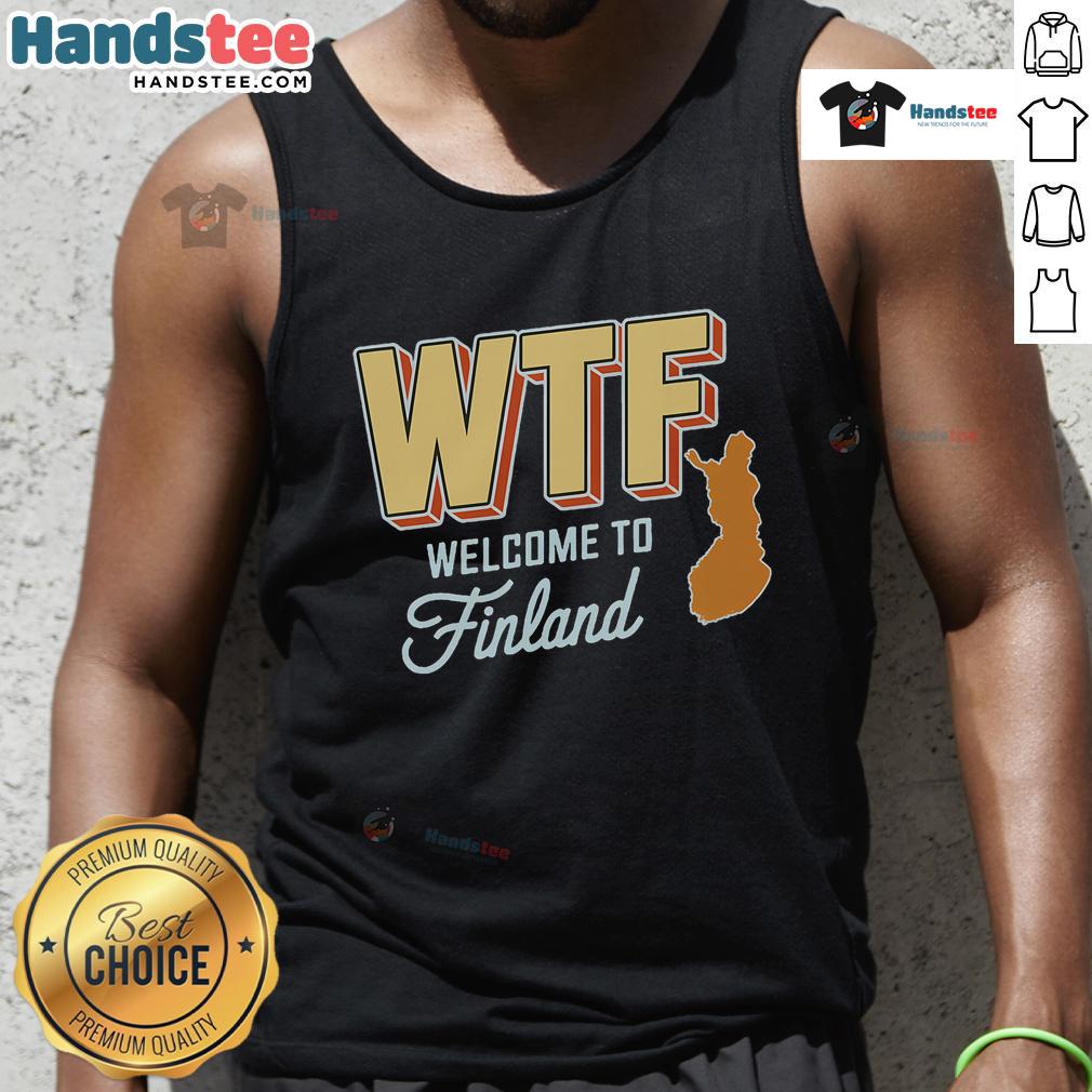 Funny WTF Welcome to Finland Scandinavia map tank top design featuring quirky graphics and vibrant colors.
