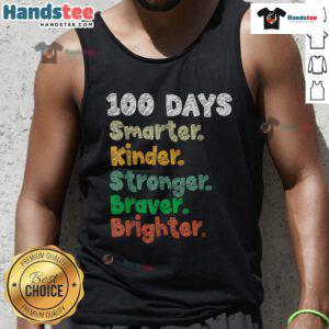 Girl wearing a 'Good 100 Days of School' tank top celebrating the 100th day of school in a cheerful classroom setting.