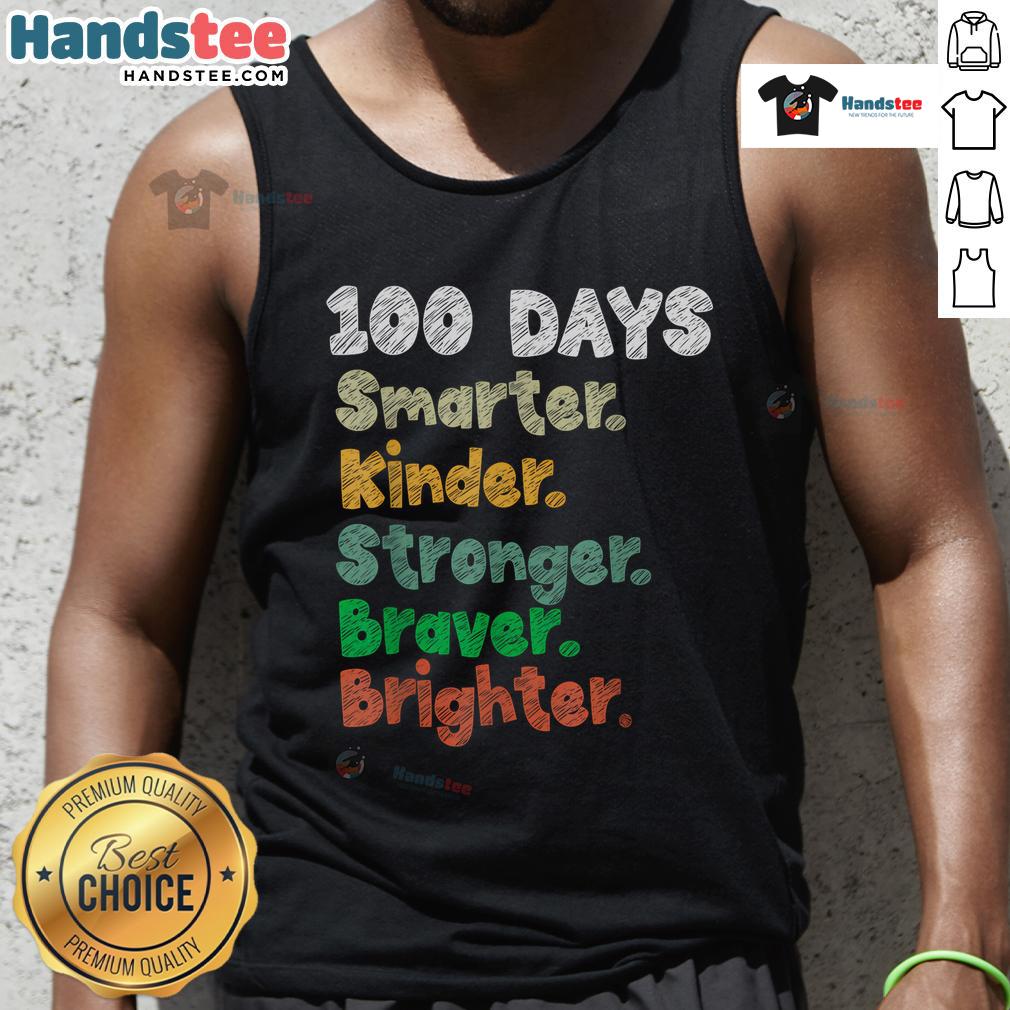 Girl wearing a 'Good 100 Days of School' tank top celebrating the 100th day of school in a cheerful classroom setting.