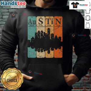 Retro hoodie featuring the Austin skyline and a periodic table of elements design, perfect for Austin enthusiasts.