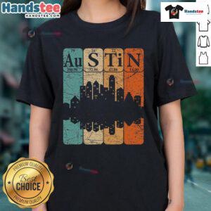 Retro ladies' tee featuring the Austin skyline and periodic table elements design, perfect for Austin enthusiasts.