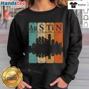 Retro sweatshirt showcasing the Austin skyline with a colorful periodic table of elements design.