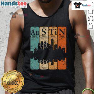 Retro tank top featuring Austin skyline and periodic table elements design, perfect for Austin fans and science enthusiasts.