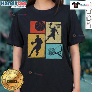 Colorful retro tee featuring good basketball players, a vibrant ball, and hoop design for ladies.