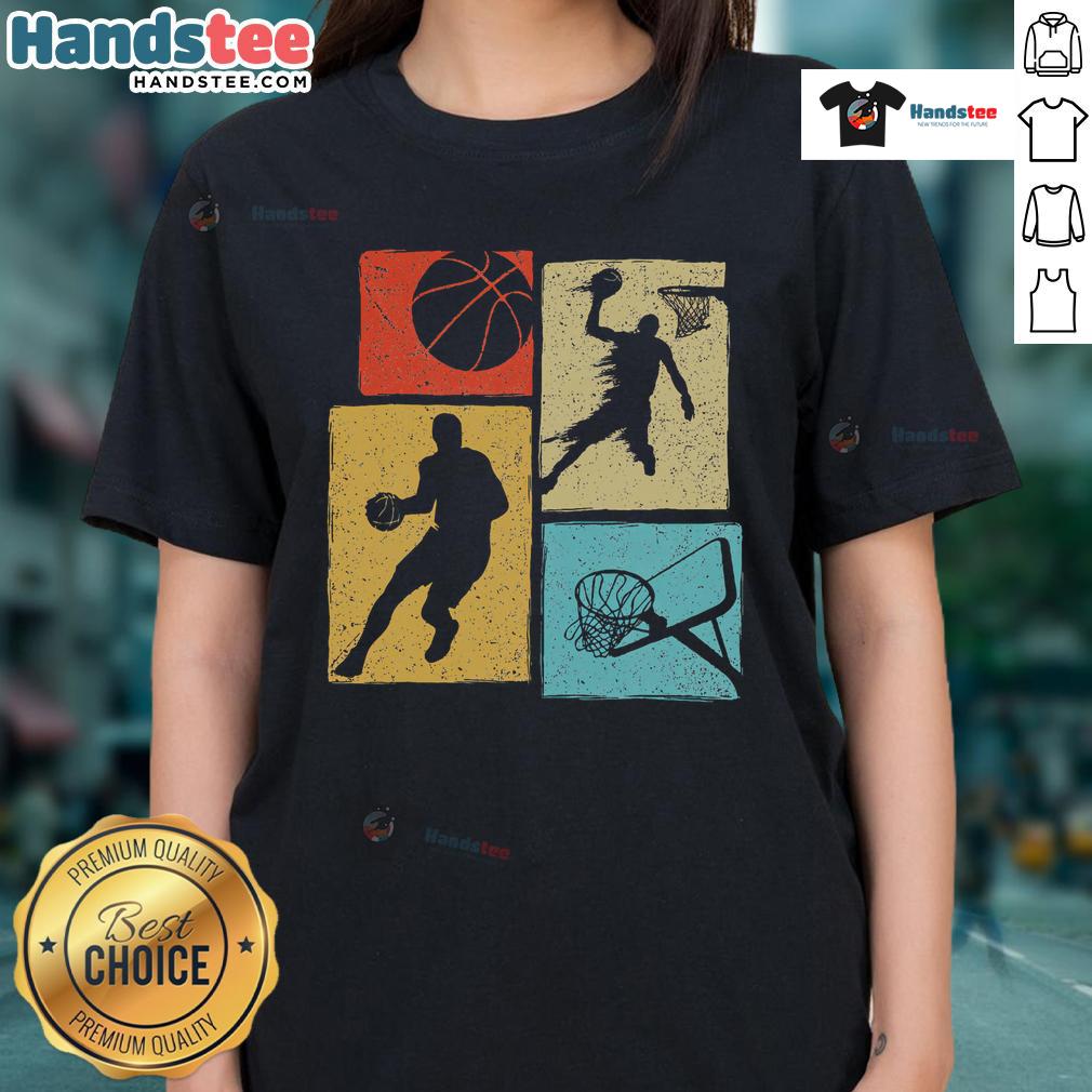Colorful retro tee featuring good basketball players, a vibrant ball, and hoop design for ladies.
