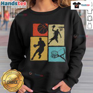 Good basketball players wearing retro sweatshirts, playing with a colorful ball near a hoop on a vibrant court.