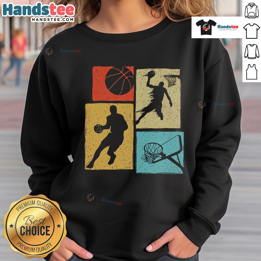 Good basketball players wearing retro sweatshirts, playing with a colorful ball near a hoop on a vibrant court.