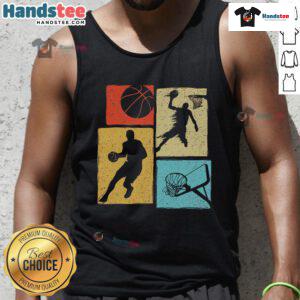 Good basketball players in retro tank tops shooting colorful balls into a hoop on an outdoor court.