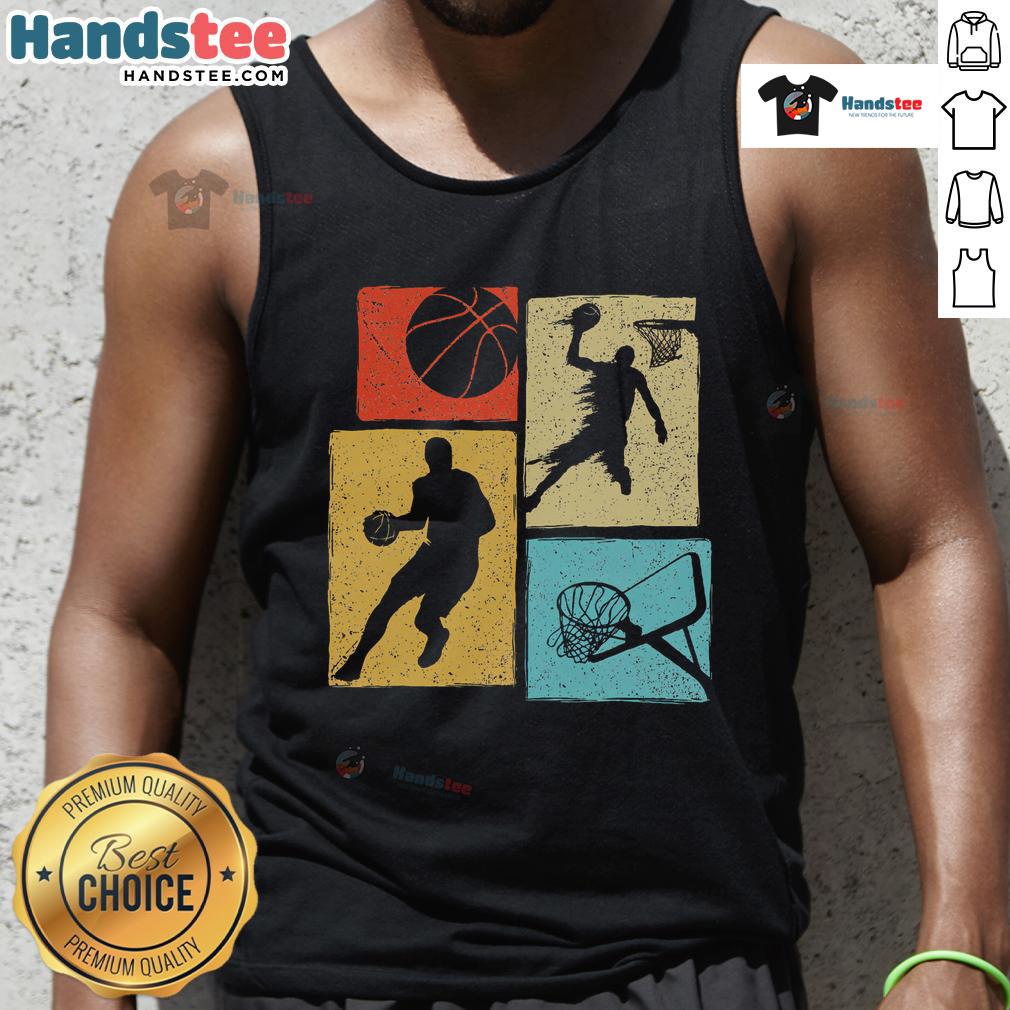 Good basketball players in retro tank tops shooting colorful balls into a hoop on an outdoor court.