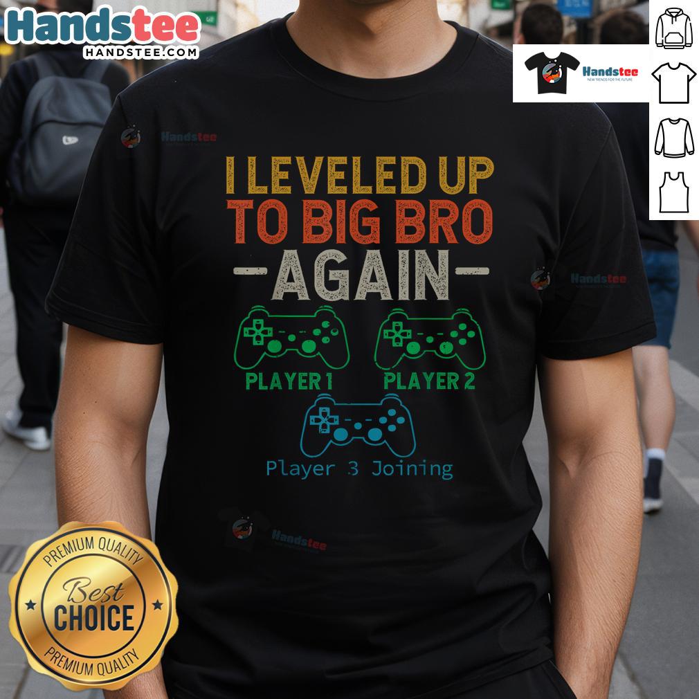 Good Big Funny Brother Est 2025 t-shirt design featuring playful graphics and text about leveling up as a brother.