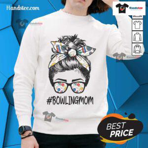 Mom in messy bun and glasses wearing a 'Good Bowling Mom Life' sweatshirt, perfect for Mother's Day celebrations.