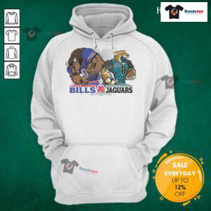 Buffalo Bills vs. Jacksonville Jaguars football playoff matchup hoodie featuring team mascots and NFL Wild Card graphics.