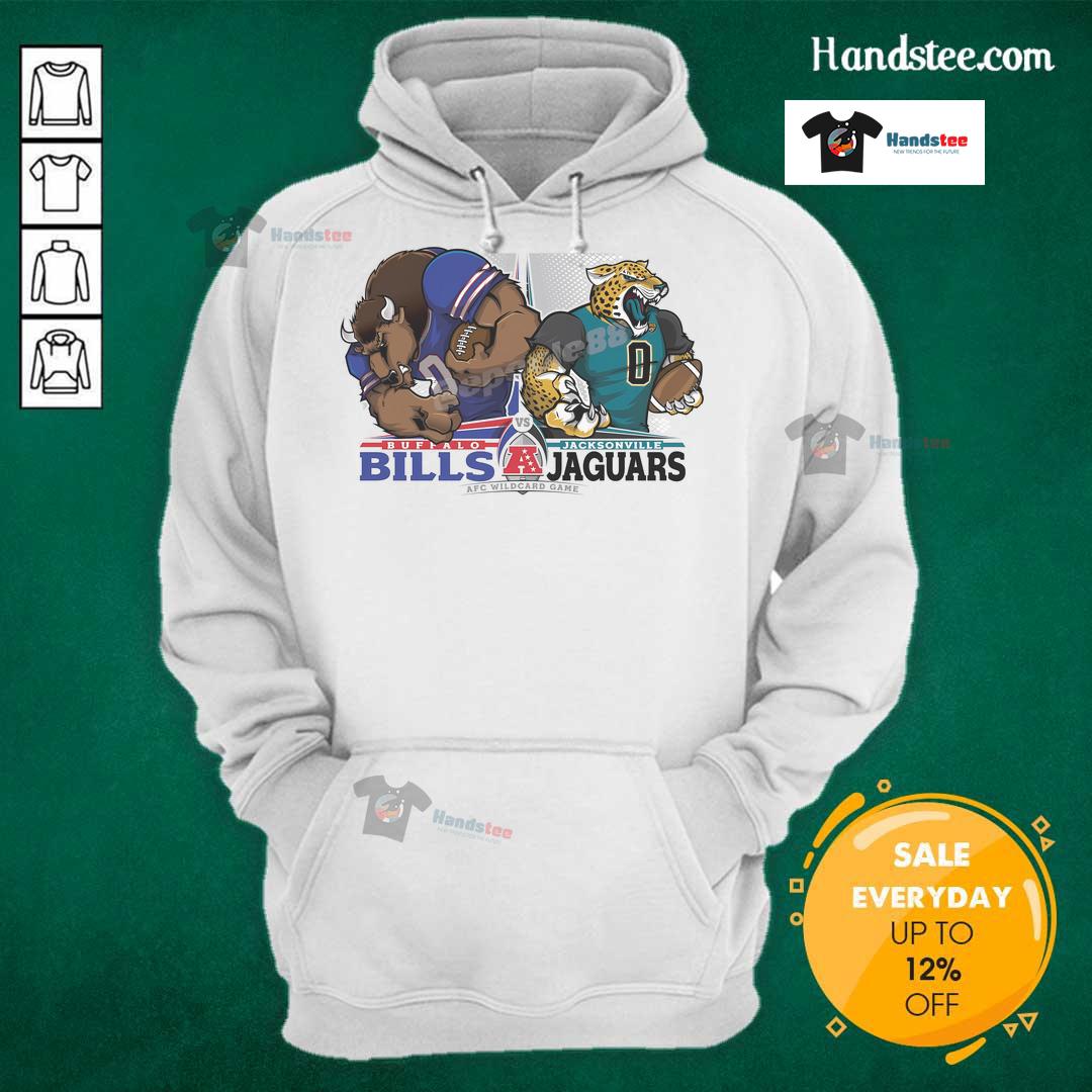 Buffalo Bills vs. Jacksonville Jaguars football playoff matchup hoodie featuring team mascots and NFL Wild Card graphics.