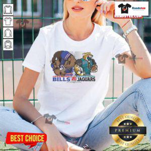 Buffalo Bills vs Jacksonville Jaguars NFC Wild Card playoff matchup featuring team mascots and ladies' tee apparel.