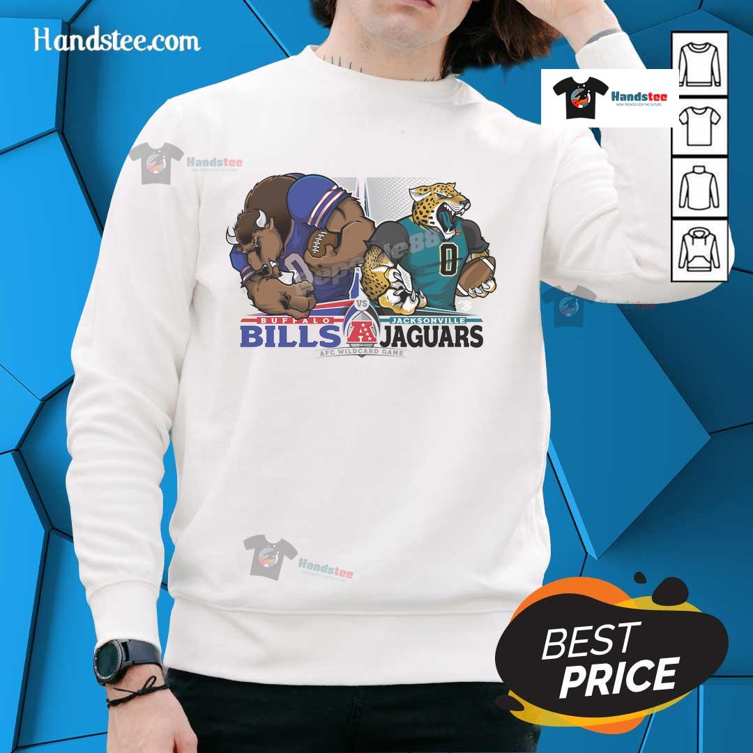 Buffalo Bills vs Jacksonville Jaguars football sweatshirt featuring team mascots for NFC Wild Card NFL playoffs.