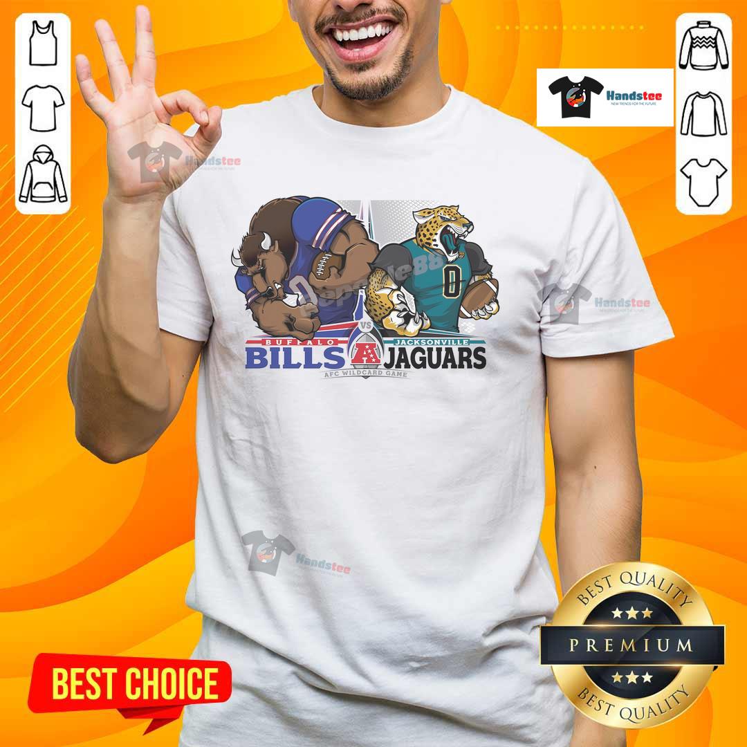 Buffalo Bills vs Jacksonville Jaguars NFC Wild Card Matchup NFL Playoffs T-Shirt featuring team mascots and vibrant graphics.