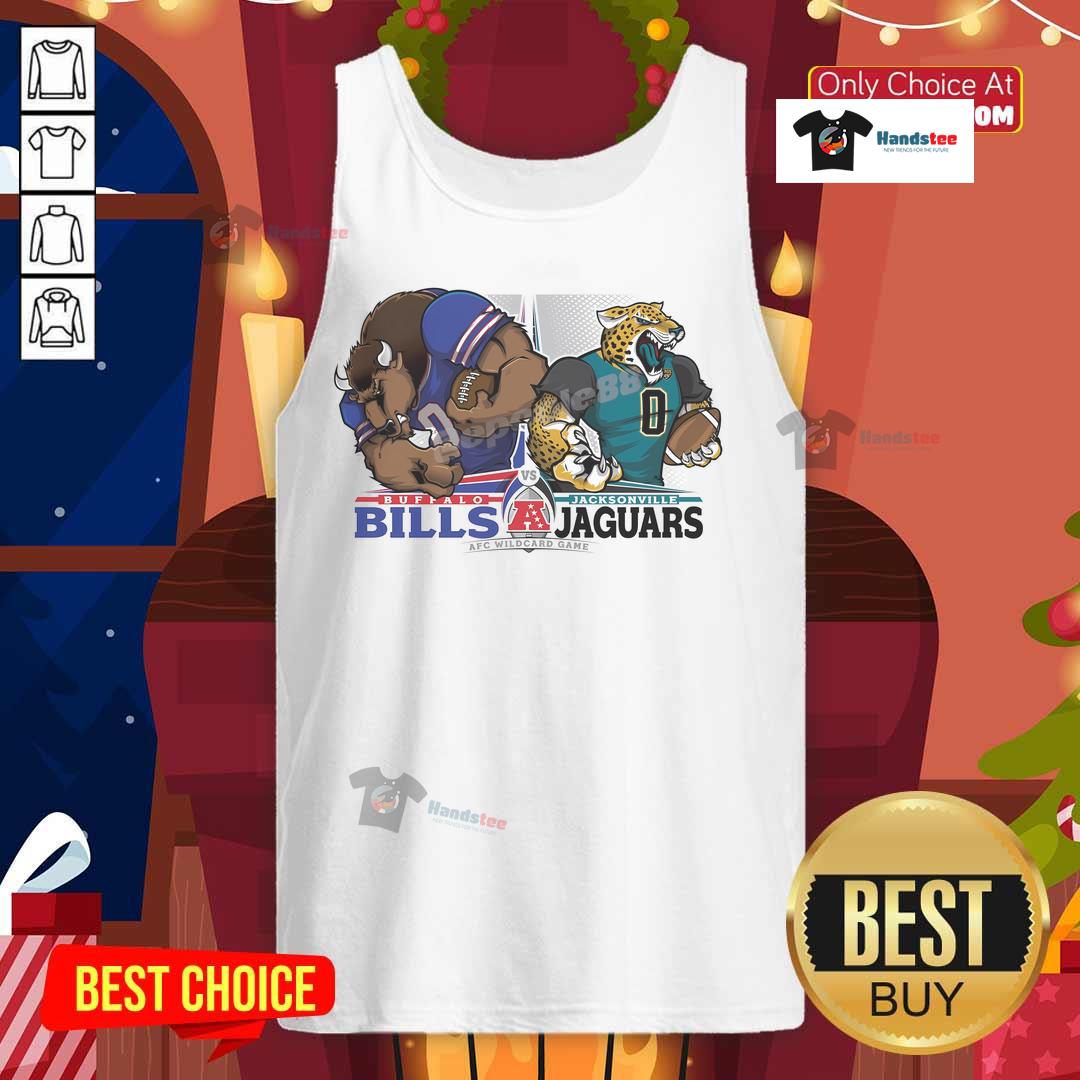 Buffalo Bills vs Jacksonville Jaguars NFC Wild Card matchup featuring team mascots in NFL playoffs tank tops.