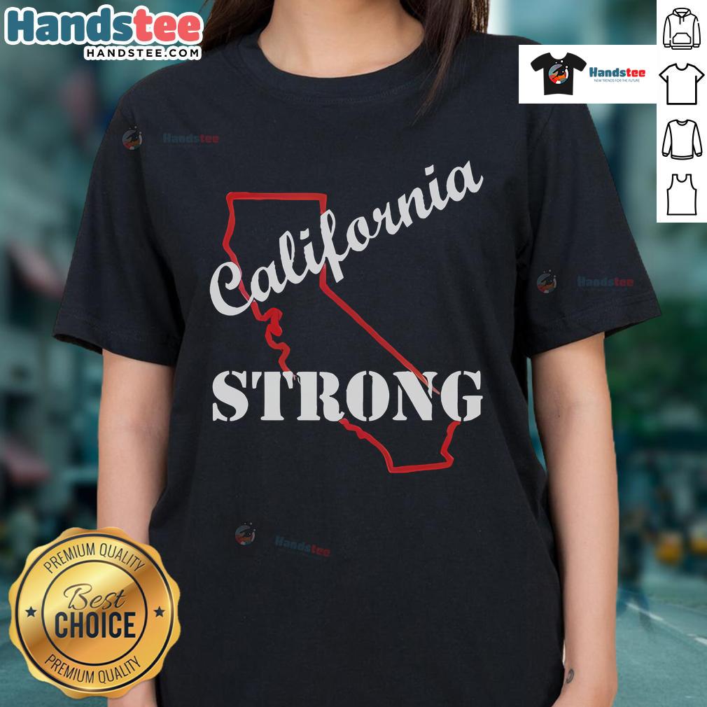 Alt Text: Good California Strong Map tee featuring The Pacific Palisade Fire design for ladies, showcasing California pride.