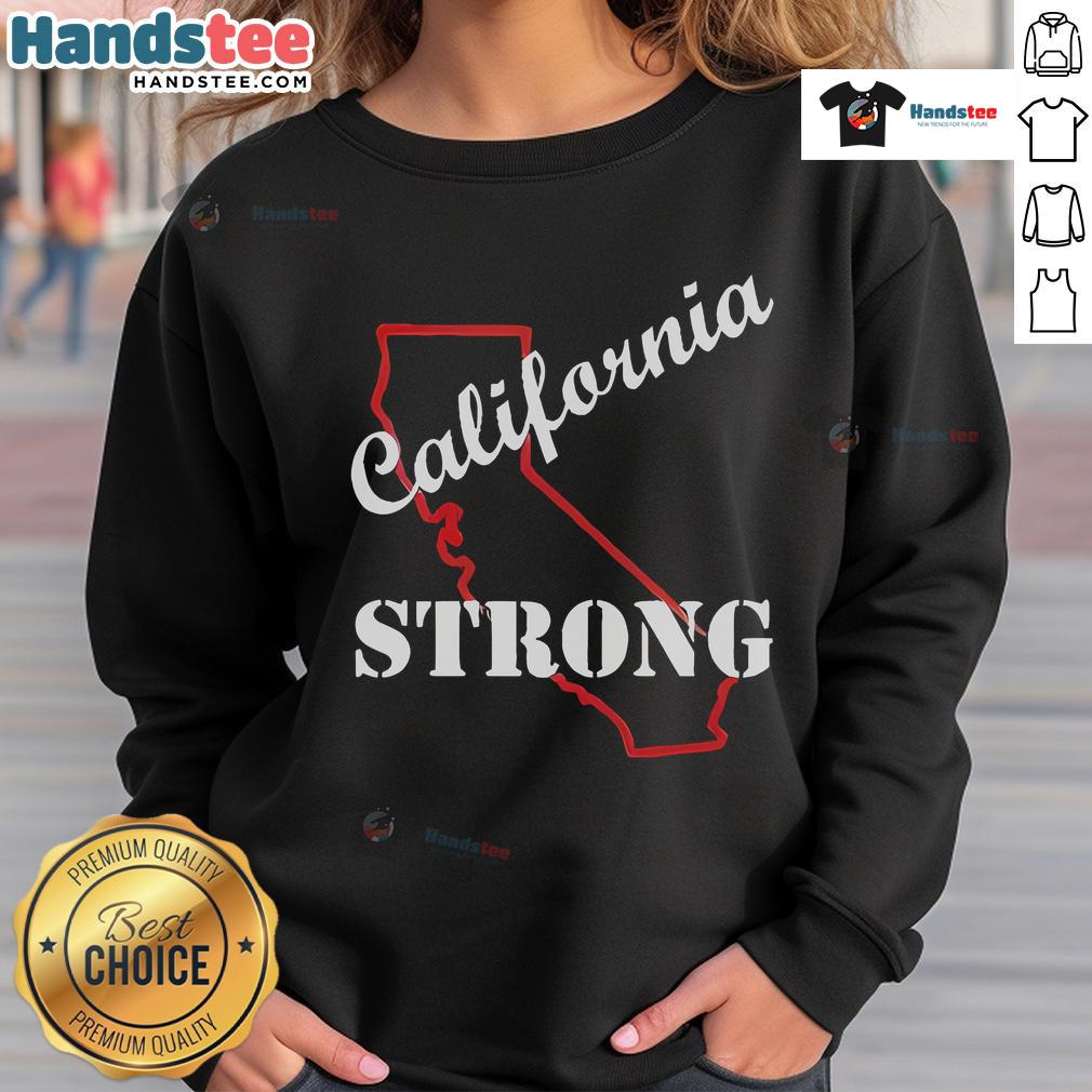 Good California Strong Map sweatshirt featuring the Pacific Palisades fire design, perfect for outdoor enthusiasts.