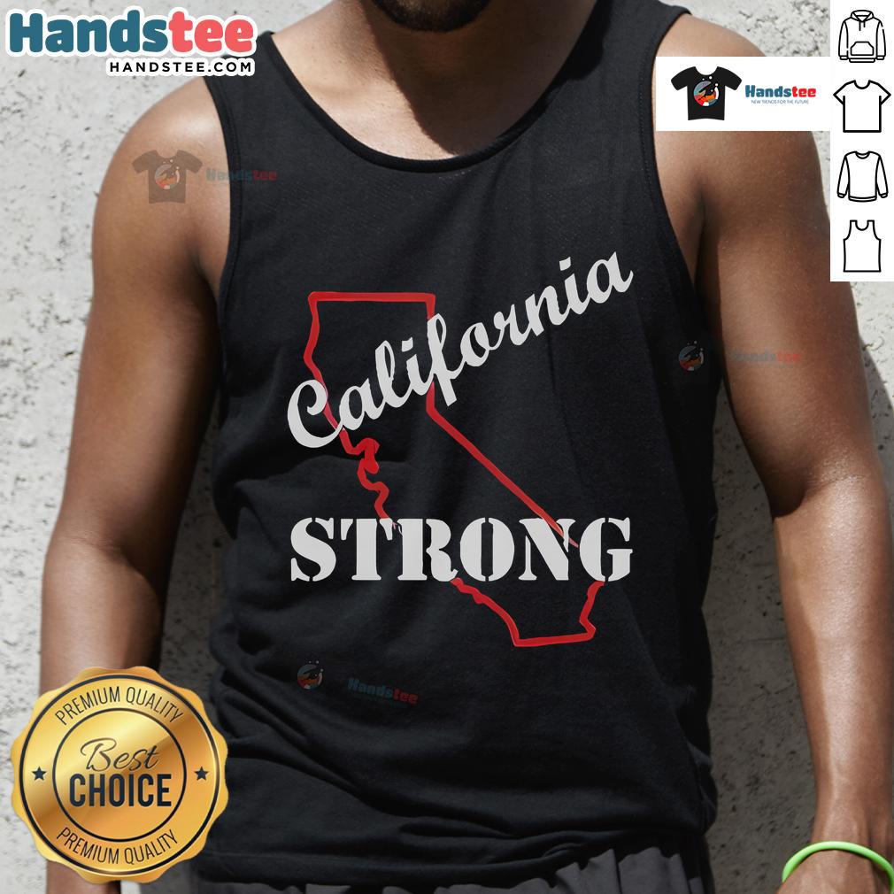Good California Strong map graphic on a tank top, featuring the Pacific Palisade Fire design for outdoor enthusiasts.