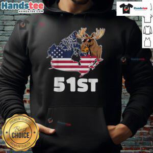 Person wearing a 'Good Canada 51st US State' hoodie, showcasing a unique design blending Canadian and American themes.