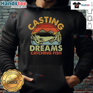 Retro sunset hoodie featuring a fishing scene, perfect for good casting dreams and catching fish enthusiasts.