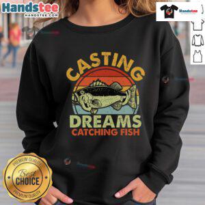 Alt Text: Retro sunset sweatshirt featuring Good Casting Dreams Catching Fish design, perfect for fishing enthusiasts.