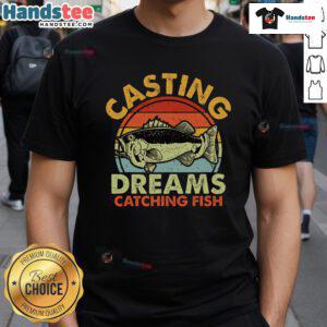 Retro sunset T-shirt featuring 'Good Casting Dreams' and a fisherman catching fish, perfect for fishing enthusiasts.