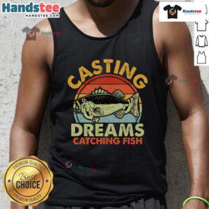 Retro sunset tank top featuring 'Good Casting Dreams' graphic with a fisherman catching fish, perfect for outdoor lovers.