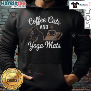 Cozy hoodie featuring cats, coffee, and yoga mats for relaxation; perfect for cat lovers and yoga enthusiasts.