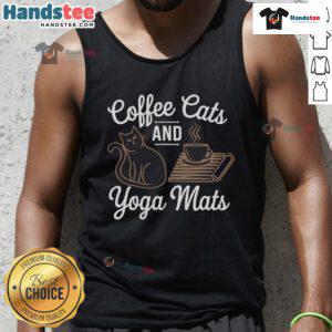 Relaxation tank top featuring cats, coffee, and yoga mats, perfect for cozy moments and casual wear.