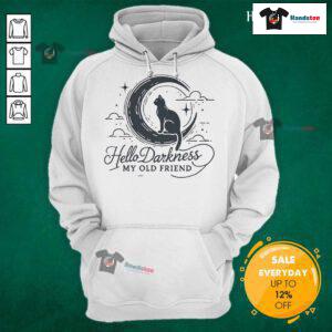 Crescent moon cat hoodie featuring 'Good Hello Darkness My Old Friend' design, perfect for cozy nights and feline lovers.
