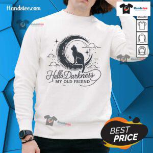 Crescent moon cat sweatshirt featuring 'Good Hello Darkness My Old Friend' design, perfect for cozy nights.
