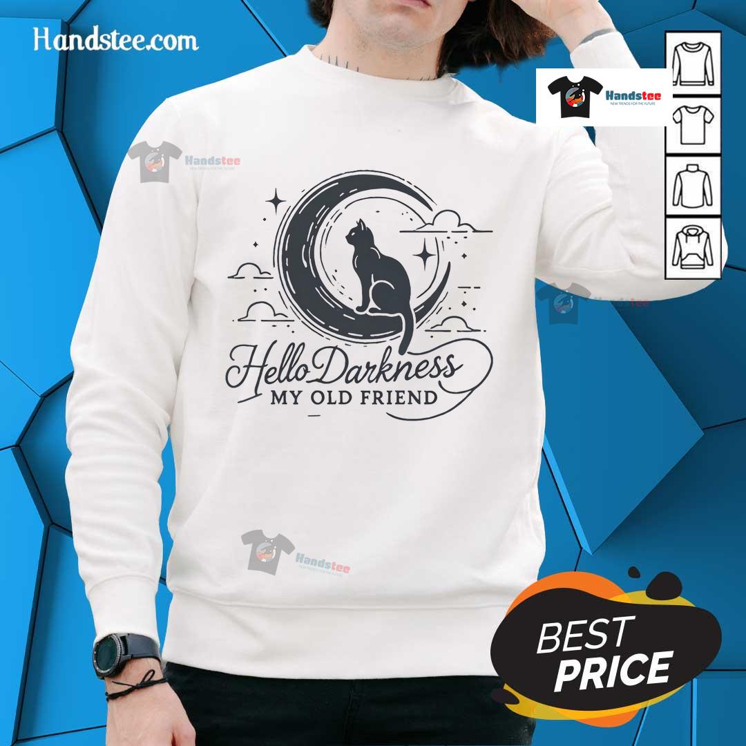 Crescent moon cat sweatshirt featuring 'Good Hello Darkness My Old Friend' design, perfect for cozy nights.