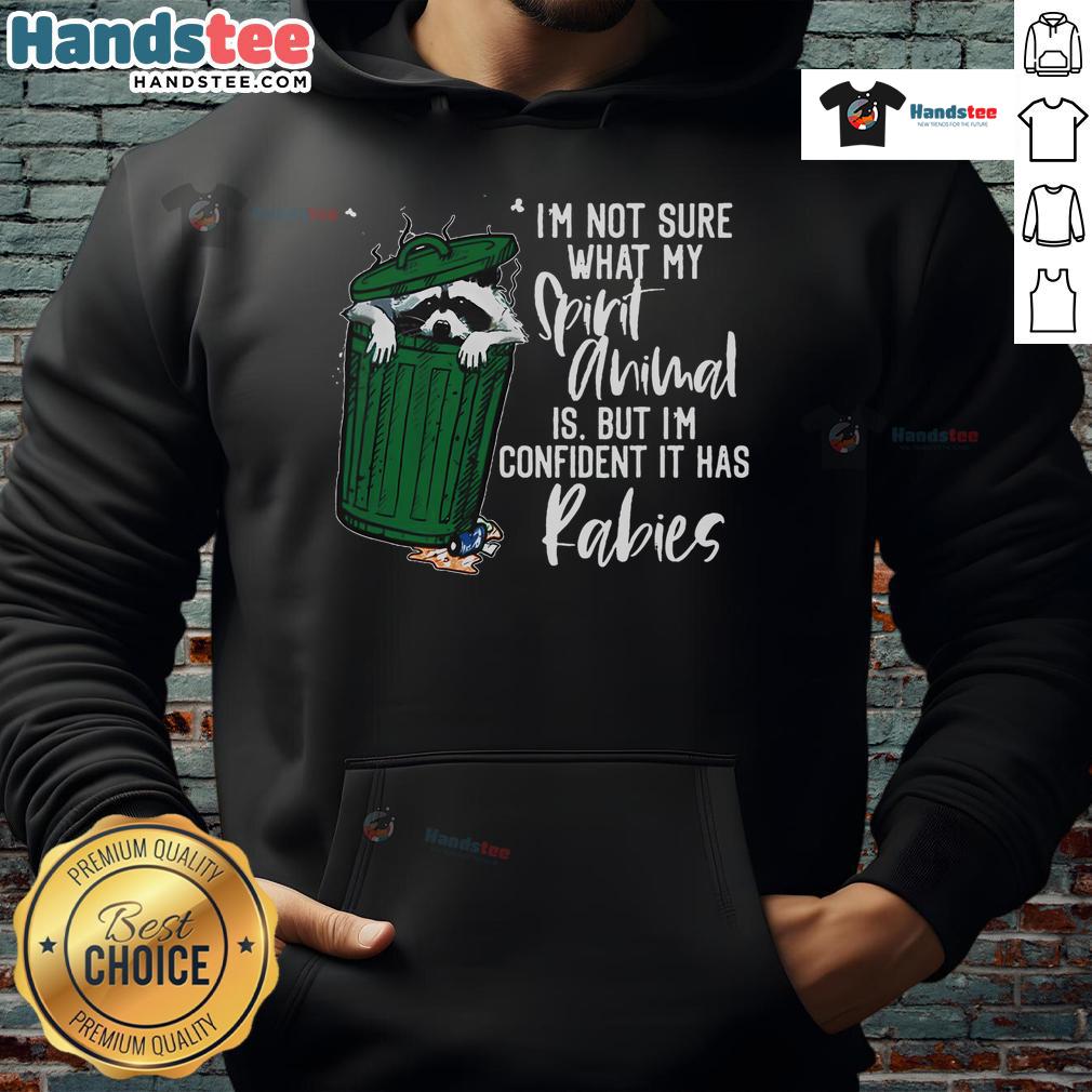 Humorous hoodie design featuring 'Good, I'm Not Sure What My Spirit Animal Is, It Has Rabies' text in playful typography.