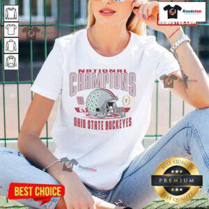 Ohio State Buckeyes National Champions helmet graphic on a stylish women's tee shirt, perfect for fan apparel.