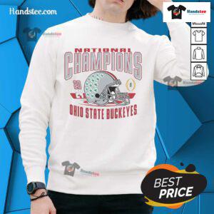 Ohio State Buckeyes National Champions helmet sweatshirt featuring team logo and vibrant colors for fans.