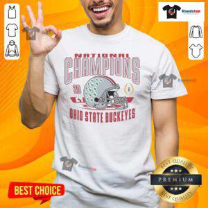 Ohio State Buckeyes National Champions helmet t-shirt showcasing team pride and championship spirit in vibrant colors.