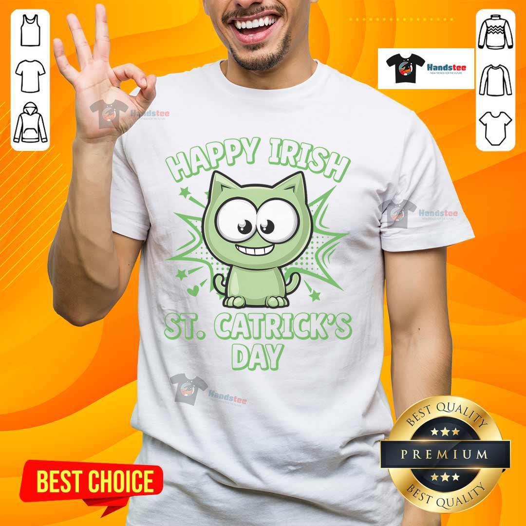 Happy Irish cat wearing a St. Patrick's Day T-shirt, celebrating with a festive smile and green accents. Perfect for cat lovers!
