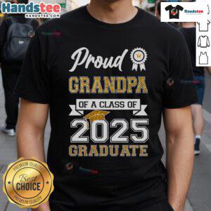 Happy proud grandma wearing a Class of 2025 graduate T-shirt, celebrating her grandchild's achievement with joy.