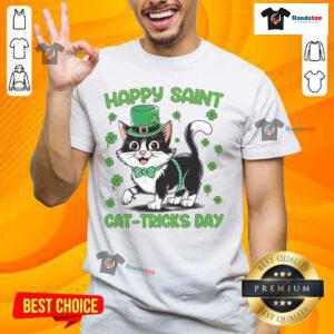 Alt Text: Happy Saint Cat Tricks Day T-Shirt featuring a lucky shamrock design for St. Patrick's Day celebrations.
