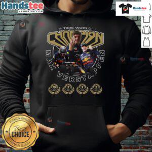 Hot Max Verstappen 4-Time World Championship hoodie showcasing vibrant design and iconic racing colors.