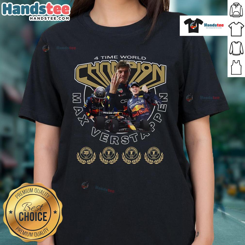 Hot Max Verstappen 4-Time World Championship Ladies Tee featuring a stylish design for F1 fans and supporters.