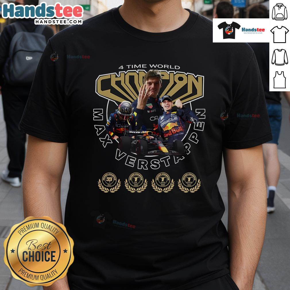Hot Max Verstappen 4 Time World Championship T-Shirt featuring bold graphics celebrating Verstappen's racing achievements.